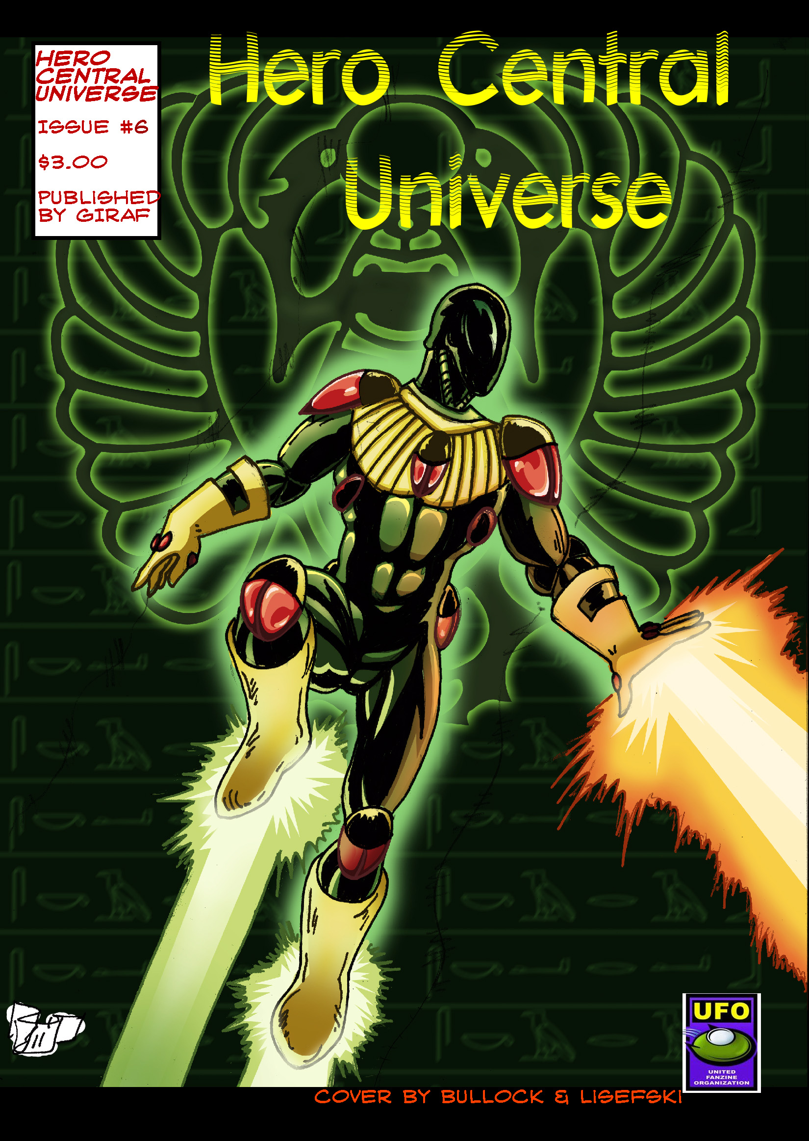 Introduction of the Egyptian hero Jade Scarab as he rescues his fellow academics from a former student gone rogue who has become an ally with the alien Orbitals. Flora Ironwood's dreams of an evil taking over this world grows stronger. Special cover designed and colored by Steve Lisefski. Available at $3.00 for hard copy, $0.99 for digital copy. Co-published by UFO.